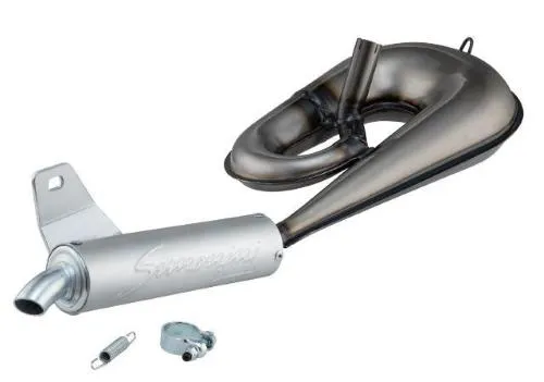 Marmitta Simonini a serpentone per Piaggio Ciao, Bravo e Boxer, con silenziatore ovale rigenerabile in alluminio. Versione standard non cromata.
