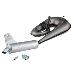 Marmitta Simonini a serpentone per Piaggio Ciao, Bravo e Boxer, con silenziatore ovale rigenerabile in alluminio. Versione standard non cromata.