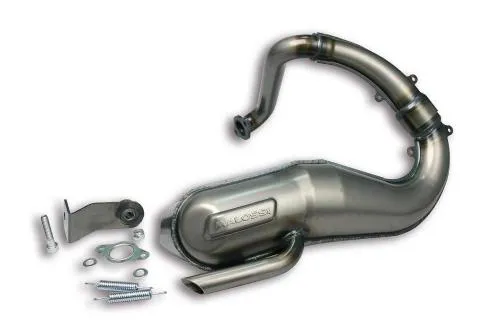 Marmitta Malossi Power Exhaust 3214464 per Ape 50 2T elaborata a 125 cc, corsa 51 mm. Acciaio FeP04, chicane e accessori inclusi.