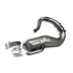 Marmitta Malossi Power Exhaust 3214464 per Ape 50 2T elaborata a 125 cc, corsa 51 mm. Acciaio FeP04, chicane e accessori inclusi.