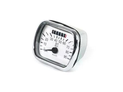 Contachilometri analogico 90 km/h bianco-nero per Vespa 125 V30-V33, VM, VN e Vespa 150 VL1-VL3. Controllare staffa e attacco cavo.