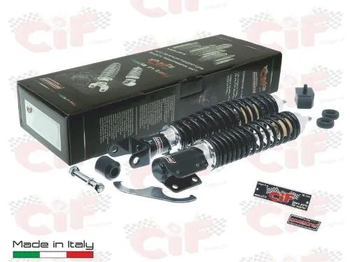 Kit Carbone 10724-KT per Vespa PX e PE 80-200: ammortizzatori anteriore e posteriore neri, regolazione a 3 posizioni e supporti inclusi.