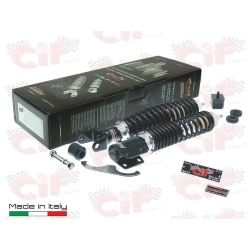 Kit Carbone 10724-KT per Vespa PX e PE 80-200: ammortizzatori anteriore e posteriore neri, regolazione a 3 posizioni e supporti inclusi.