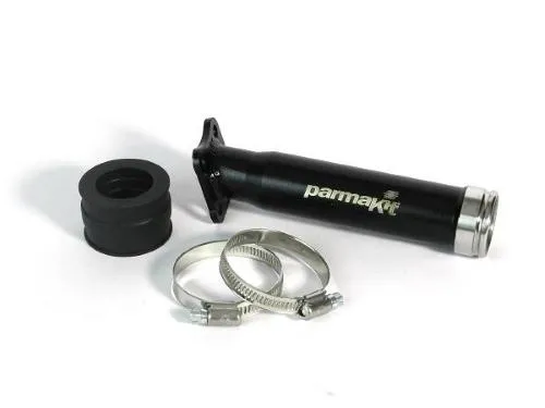 Collettore aspirazione Parmakit 57599.05 per Ape 50: flangia a 3 fori, interno 25 mm, attacco rigido 29 mm o elastico 30 mm.