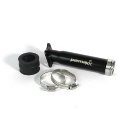 Collettore aspirazione Parmakit 57599.05 per Ape 50: flangia a 3 fori, interno 25 mm, attacco rigido 29 mm o elastico 30 mm.