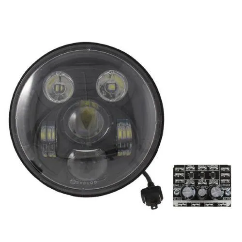 EVOK Iron LED 246410107 per Vespa PX e T5: 12 V, 25 W, 2,4 A, luce 6000 K, diametro 148 mm e convertitore dedicato incluso.