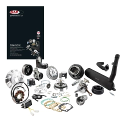SIP VMC 125 cc SPORT "Legal" Tuning Kit for Vespa PK 125 ETS 3 holes. Ø 56.5 mm. Cast iron. 6 ports. With cylinder head. With part certification. With SIP Road racing exhaust. SHBC 19.19 carburettor. Jet. Air filter. Primary gear. 7. 87 TUNING