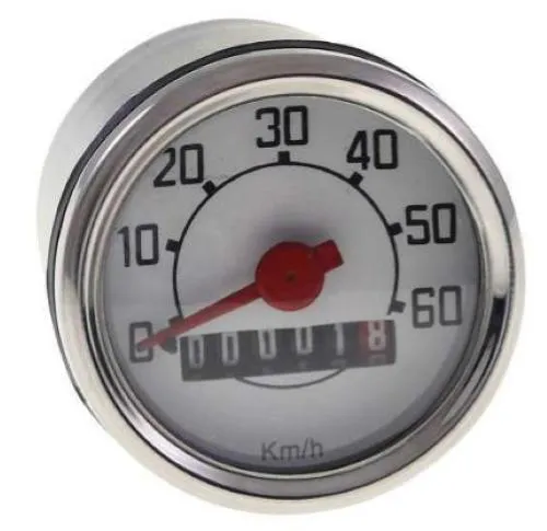Contachilometri analogico con fondo scala 60 km/h e sede da 48 mm, per Piaggio Ciao, Si, Boxer e Grillo compatibili.