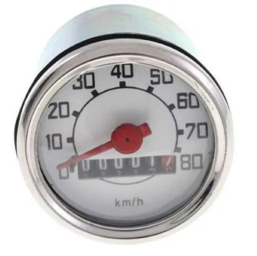 Contachilometri scala 80 km/h, diametro 48 mm, per Piaggio Ciao, Boxer, Si e Grillo. Verificare attacco del cavo e rinvio ruota.