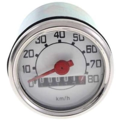 Contachilometri scala 80 km/h, diametro 48 mm, per Piaggio Ciao, Boxer, Si e Grillo. Verificare attacco del cavo e rinvio ruota.