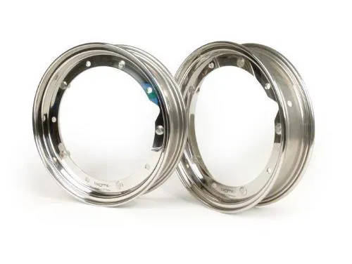Due cerchi scomponibili BGM PRO BGM7990D in inox lucidato 2.10-10, attacco tipo PX, per Vespa e LML compatibili; uso con camera d'aria.