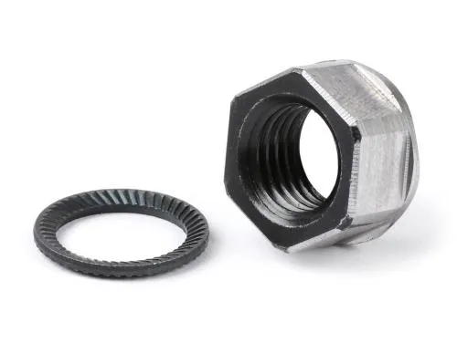 Dado frizione BGM PRO M12�1,50 con collare �18,6 mm, altezza 9 mm e esagono da 15 mm, sostitutivo della ghiera a castello su Vespa Largeframe compatibili.