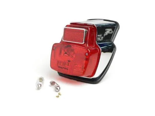 Fanale posteriore BGM Original BGM5032 in alluminio cromato, lente rossa, guarnizione e lampadine 6/12 V per Vespa classiche compatibili.
